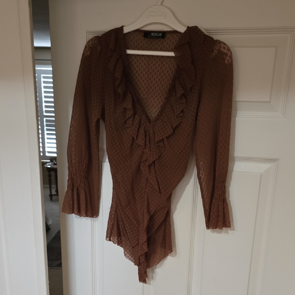 Morgan de Toi Brown Ruffled Lace Top